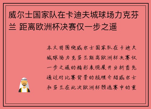 威尔士国家队在卡迪夫城球场力克芬兰 距离欧洲杯决赛仅一步之遥 威尔士国家队在卡迪夫城球场力克芬兰 距离欧洲杯决赛仅一步之遥